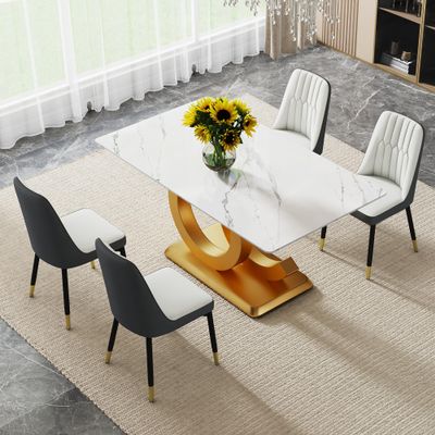 Ebullient 63'' Glass Dining Table Set for 4,Tempered Glass Dining Table Top and Golden MDF Base,Modern Rectangular Kitchen Table with 4 Grey PU Leather Upholstered Dining Chairs, Dinner Table Set