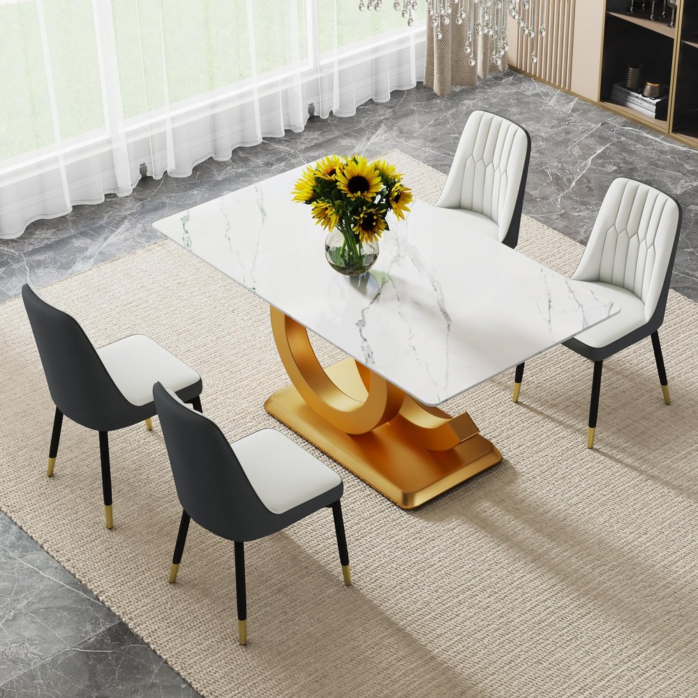 Ebullient 63'' Glass Dining Table Set for 4,Tempered Glass Dining Table Top and Golden MDF Base,Modern Rectangular Kitchen Table with 4 Grey PU Leather Upholstered Dining Chairs, Dinner Table Set