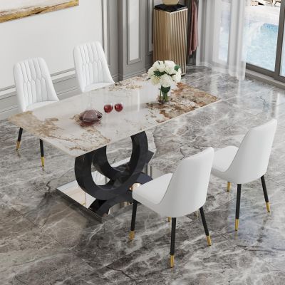 Modern Dining Table Set for 4,5 Piece Dining Table Chairs Set for 4,PDLB Marble Table Top and MDF Base,Rectangular Glass Dining Room Table with 4 White PU Leather Upholstered Dining Chairs for Kitchen