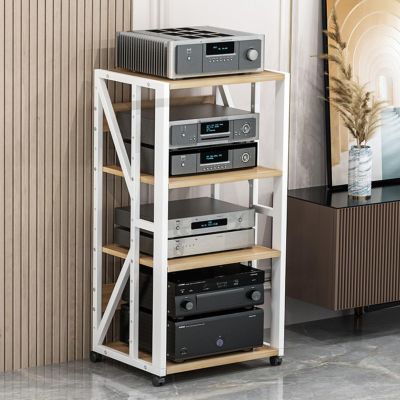 SOBS 3/4/5-Tier Audio Stand Wooden Corner Shelf Movable AV Media Player Stand Stereo Component Cabinet Multi-Function Open Storage Rack for Home/Office/Theater (Color : White, Size : 4 Tier)