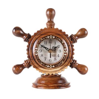 Dntum Table Clock Handmade Solid Wood Ship Rudder Clock Retro Creative Kitchen Office Home Mute and Non-tick Battery Powered Clock Clock