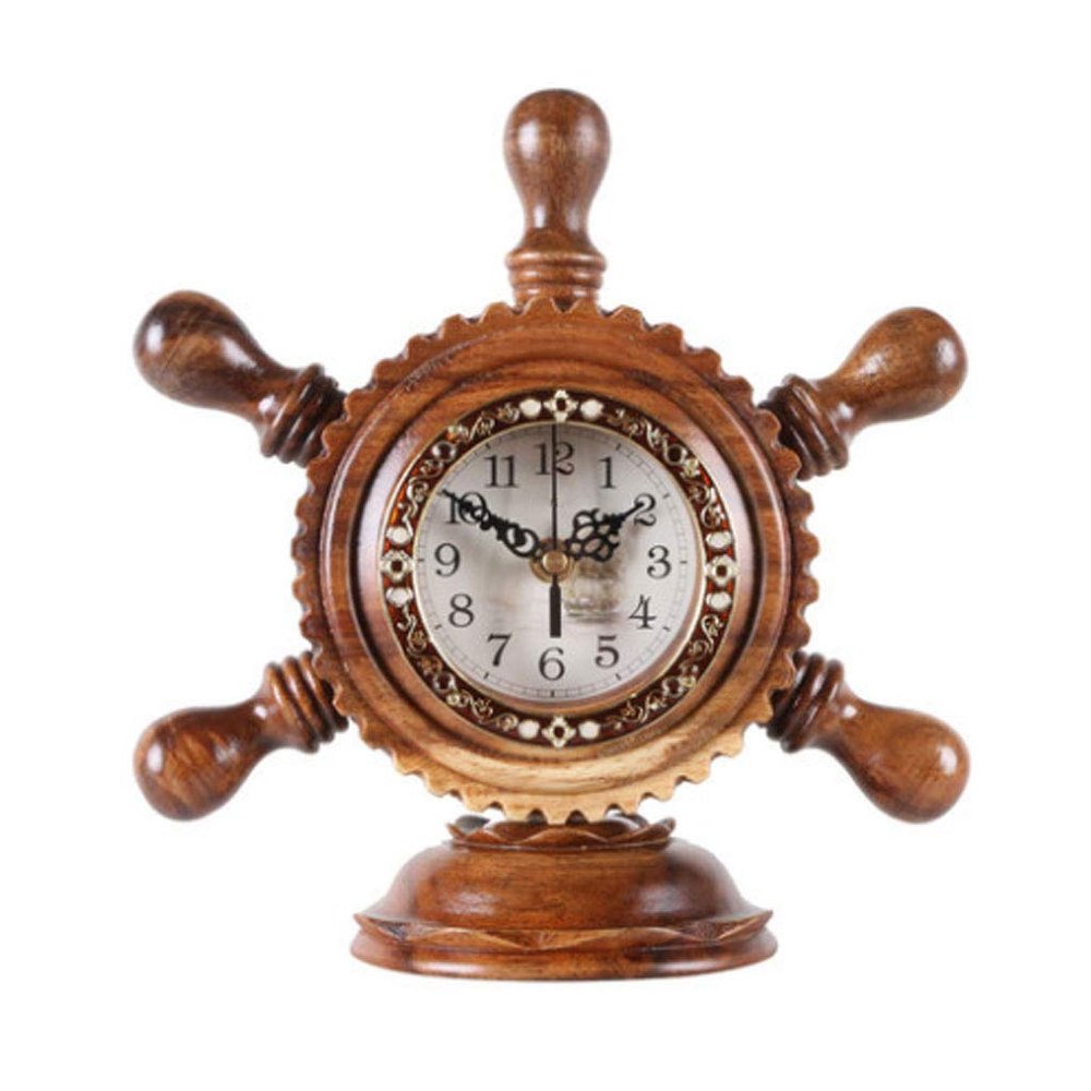 Dntum Table Clock Handmade Solid Wood Ship Rudder Clock Retro Creative Kitchen Office Home Mute and Non-tick Battery Powered Clock Clock