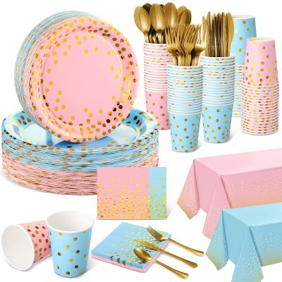 Tegeme 256 Pcs Pink and Blue Gender Reveal Party Supplies Disposable Paper Plate Napkin Cup Gold Dot Plastic Tablecloth Fork Knives Spoon Serve 36 Guest for Easter Baby Shower Birthday Decoration