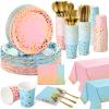 Tegeme 256 Pcs Pink and Blue Gender Reveal Party Supplies Disposable Paper Plate Napkin Cup Gold Dot Plastic Tablecloth Fork Knives Spoon Serve 36 Guest for Easter Baby Shower Birthday Decoration view 1
