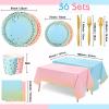 Tegeme 256 Pcs Pink and Blue Gender Reveal Party Supplies Disposable Paper Plate Napkin Cup Gold Dot Plastic Tablecloth Fork Knives Spoon Serve 36 Guest for Easter Baby Shower Birthday Decoration view 2