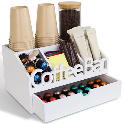 ADDFIT HOUSE Coffee Bar Organizer for Countertop  Wooden Coffee Station with Black Drawer, Tea and K Cup Storage Condiment Rack, Coffee Pod Holder for Home and Office Organization (Drawer - White)