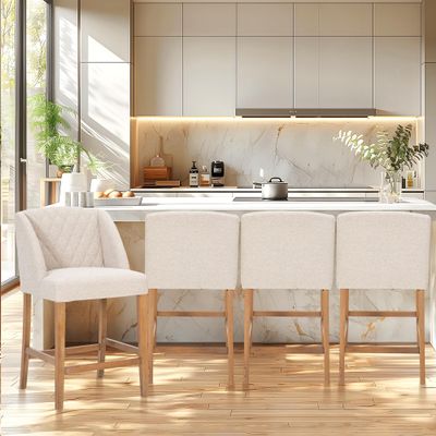 ALPHA HOME Counter Height Bar Stools Set of 4, 26 Inch Bar stools for Kitchen Island, Fabric Cushion and Wooden Legs, White