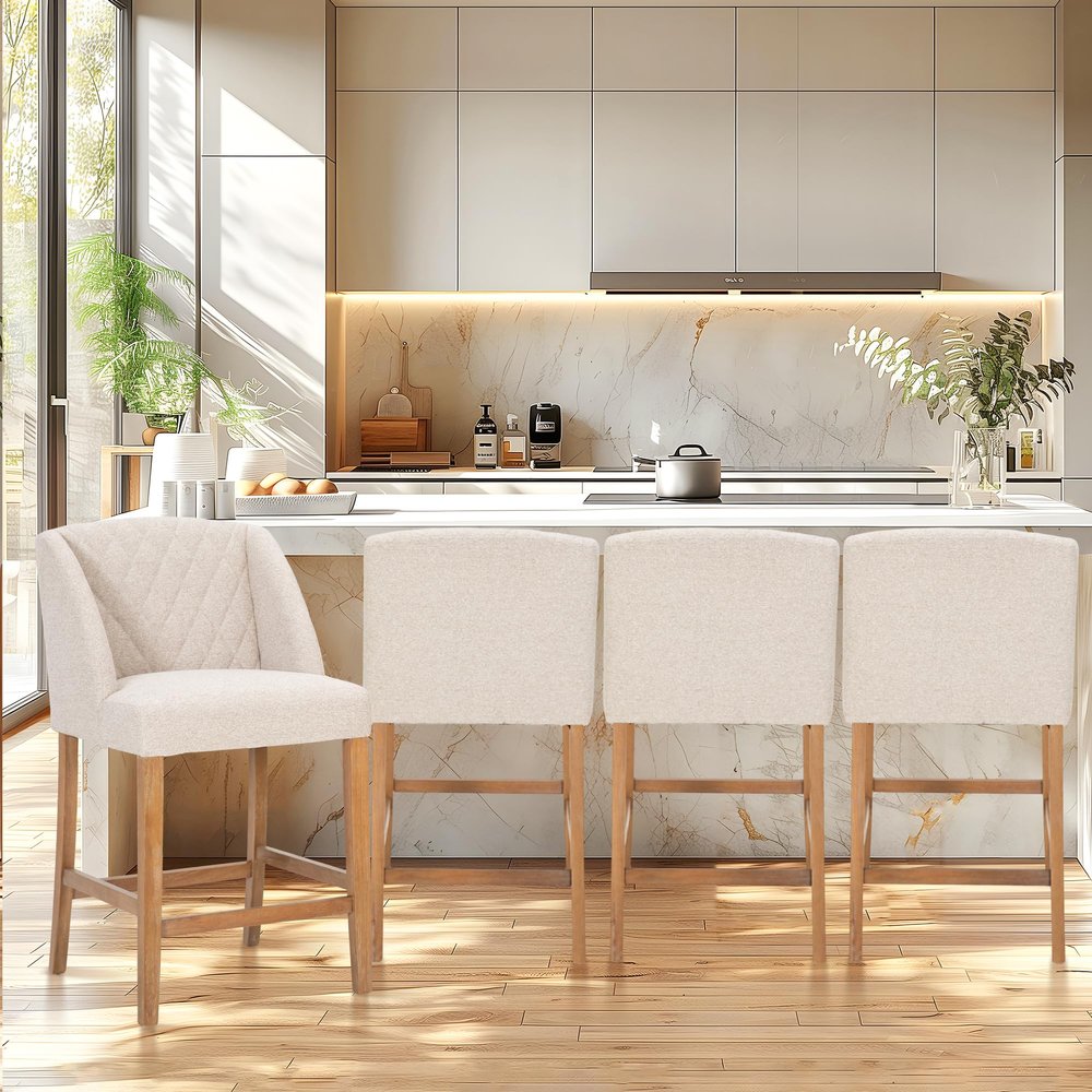 ALPHA HOME Counter Height Bar Stools Set of 4, 26 Inch Bar stools for Kitchen Island, Fabric Cushion and Wooden Legs, White