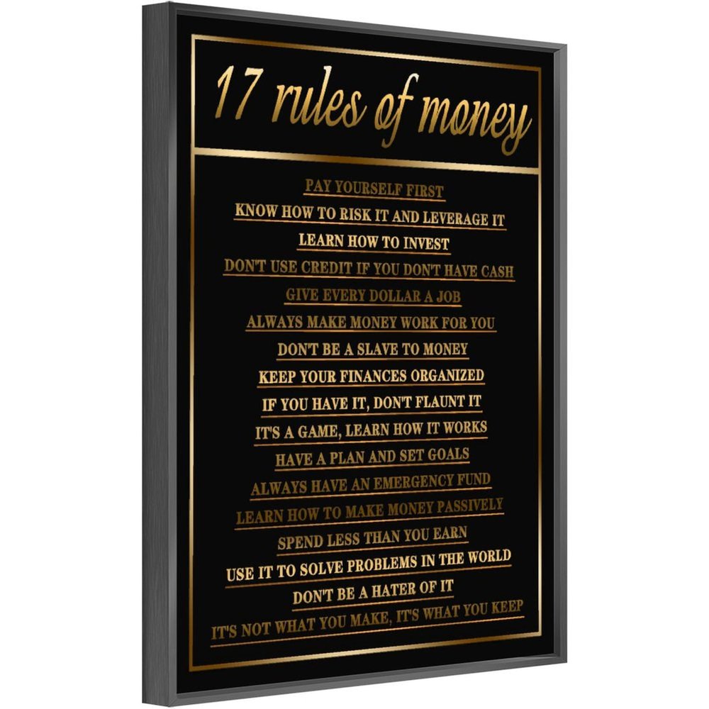 17 Rules Of Money Motivational Wall Art Canvas Print Office Decor Financial Investment, Finance Invest Sign, Entrepreneur Millionaire Inspirational Quote, Passive Income Motivation Metal Black 12x16in