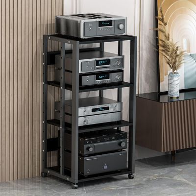 3/4/5 Tier AV Media Component Cabinet Stand CD Player Stand Stereo Rack Audio Tower Height Adjustable Wooden Shelves Movable Storage Shelf with Wheels for Home/Office/Theater (Color : Black, Size :