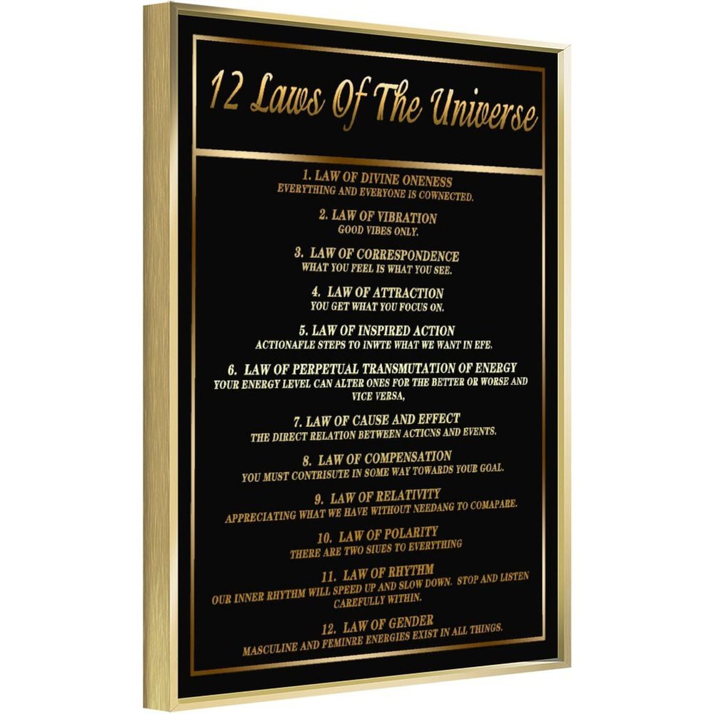 12 Laws Of The Universe Wall Art Manifestation Spiritual Canvas, Attraction Print Office Decor, Energy Quote, Magic Energy Message, Gratitude Sign, Home Spirit Self-Empowerment Saying Metal Gold 12x16