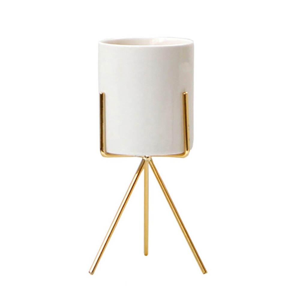 Small Cylindrical Ceramic Vase with Gold Tripod Stand for Home Decoration Pen Holder for Offices, Floral Arrangement Stand for Wedding Events (Gold,L)