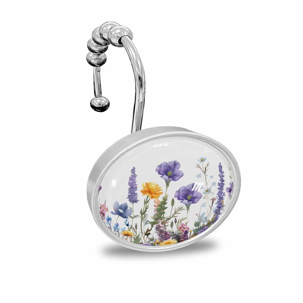 Floral Shower Curtain Hooks, Spring Summer Vintage Daisy Flowers Leaves 12PCS Shower Curtain Hooks Rings for Bathroom Stainless Steel Rust Resistant Shower Curtain Hangers