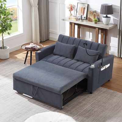 55.9" 3 in 1 Pull-Out Sleeper Sofa Bed with 360Swivel Phone Holder, Modern Bella Fabric Convertible Loveseat with USB Ports and 2 Pillows for Living Room Bedroom Small Space (Blue Grey-BG)