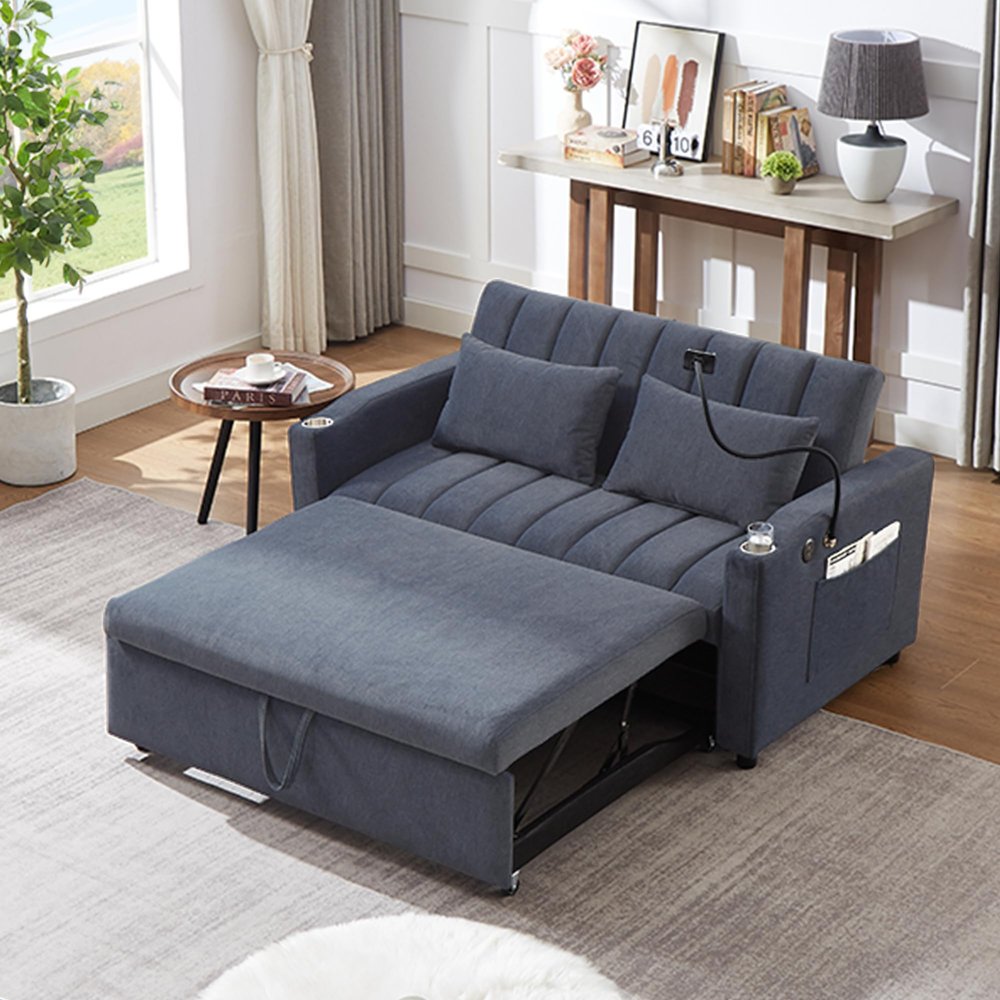 55.9" 3 in 1 Pull-Out Sleeper Sofa Bed with 360Swivel Phone Holder, Modern Bella Fabric Convertible Loveseat with USB Ports and 2 Pillows for Living Room Bedroom Small Space (Blue Grey-BG)