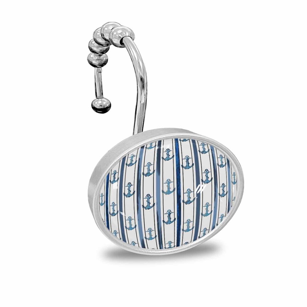 Nautical Anchor Shower Curtain Hooks, Anchor Stripes Blue 12PCS Shower Curtain Hooks Rings for Bathroom Stainless Steel Rust Resistant Shower Curtain Hangers
