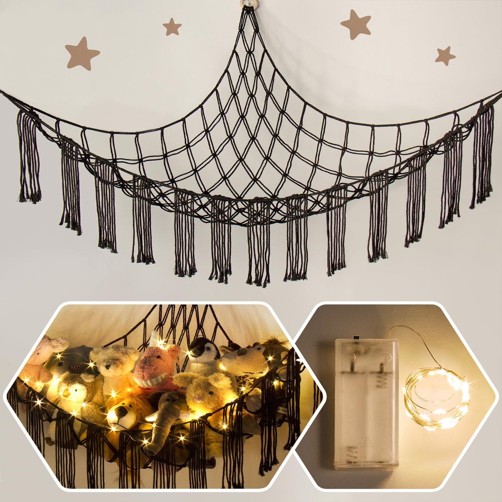 Macrame Stuffed Animal Hammock Corner with LED Light - Black Toy Storage Hammock Plushie Net Organizer Display - Teddy Bear Stuffy Hammocks - Boy Bedroom Decor Cool
