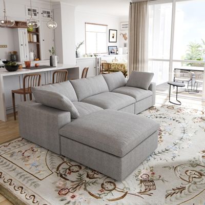 120" Modular Sectional Couch, Down Filled Sofa with Storage Ottoman, Deep 3-Seat Sleeper Cloud Couch, Covers Removable, Convertible Minimalist Sofas for Living Room, Apartment, Office (Grey)