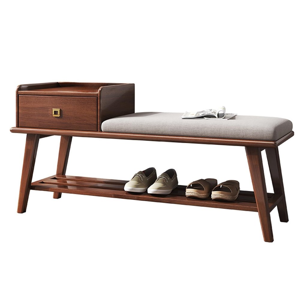 YUGXTH Shoe Storage Bench with Cushioned Seat, Shoe Cabinet Bench with Drawer and Storage Shelf, Entryway Bench with Storage, Soild Wood Shoe Organizer Bench for Entryway, Hallway, Closet(Brown)