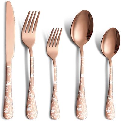IGZVMBO 120 piece Gold Silverware Set for 24 with Steak Knives, Stainless Steel Flatware Cutlery Set, Knives and Forks and Spoons Sets,Unique Pattern Design, Dishwasher Safe