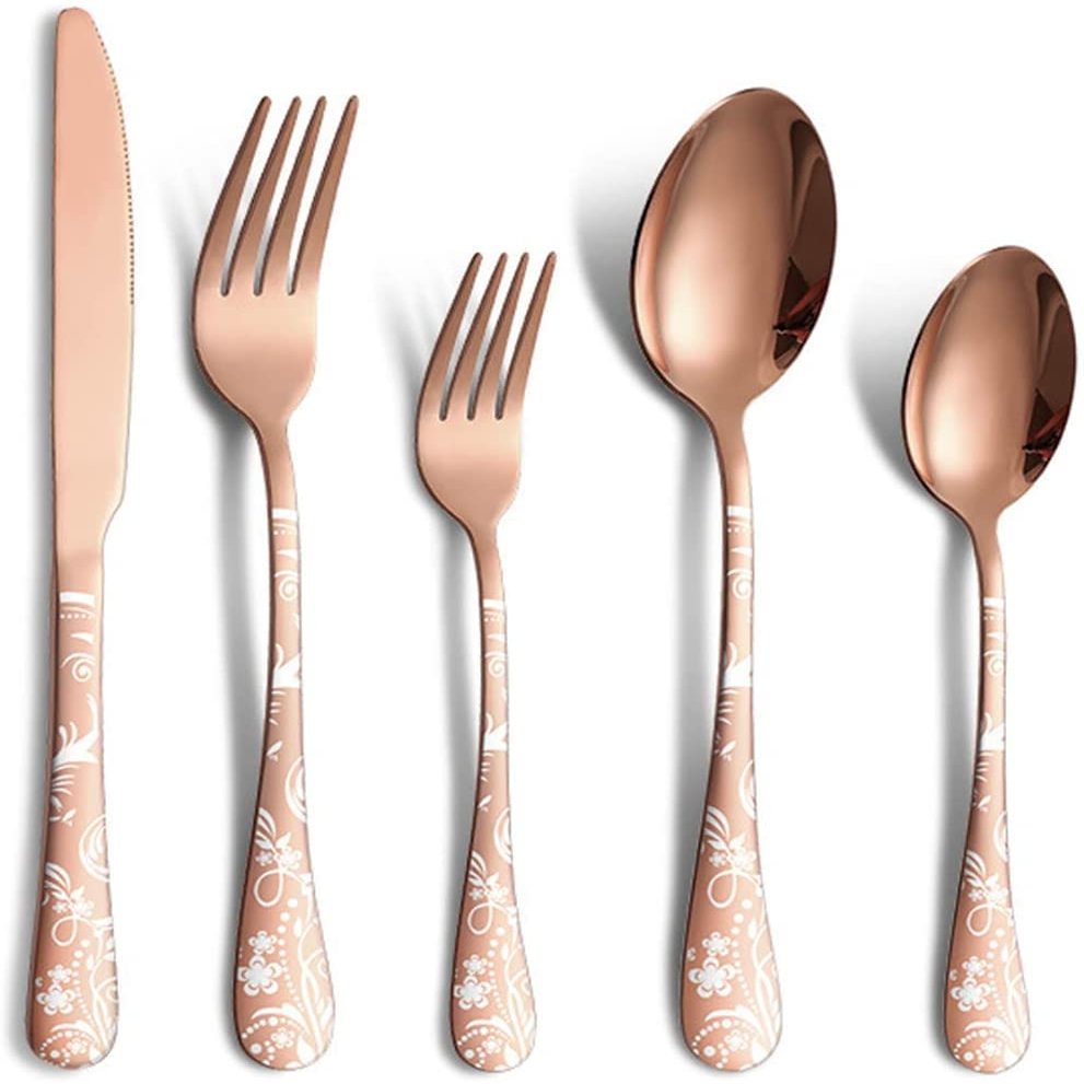 IGZVMBO 120 piece Gold Silverware Set for 24 with Steak Knives, Stainless Steel Flatware Cutlery Set, Knives and Forks and Spoons Sets,Unique Pattern Design, Dishwasher Safe