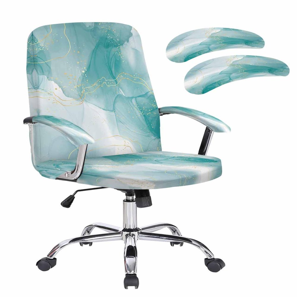 Ldtrchee Turquoise Ombre Marble Office Chair Covers with Armrest Covers, Rotating Chair Cover, Yellow Modern Geometric Abstract Art Gaming Chair Slipcovers with Elastic Bottom for Armchair, Medium