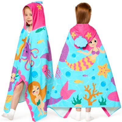 Joiedomi Mermaid Hooded Towels for Kids Soft 100% Cotton Kids Beach Towel 30" x 50" for 3-10 Years Boy Girl Beach Hooded Poncho Absorbent Pool Toddler Swim Bath Wrap