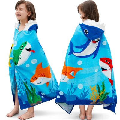Joiedomi Shark Hooded Towels for Kids Soft 100% Cotton Kids Beach Towel 30" x 50" for 3-10 Years Boy Girl Beach Hooded Poncho Absorbent Pool Toddler Swim Bath Wrap