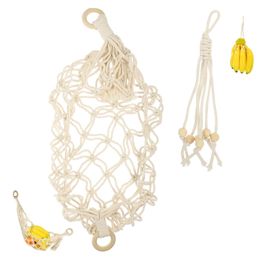 LIOOBO 1set Creative Woven Fruit and Vegetable Hammock Storage Bag Set Handmade Cotton Rope Banana Holder Oval Fruit Basket for Kitchen Counter Organization and Space-saving