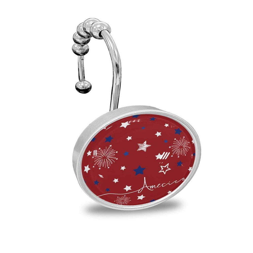4th of July Shower Curtain Hooks, Independence Day Firework Star Red 12PCS Shower Curtain Hooks Rings for Bathroom Stainless Steel Rust Resistant Shower Curtain Hangers
