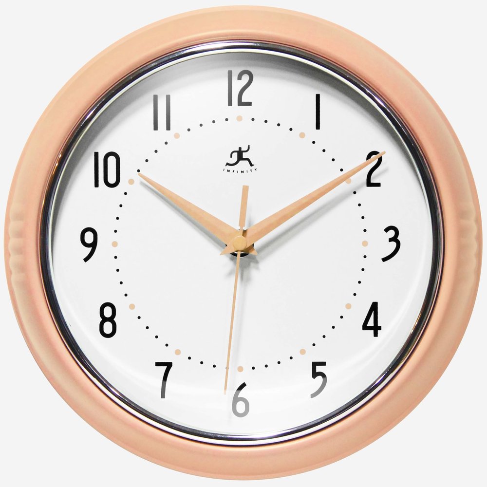 Infinity Instruments Retro 9.5 Inch Round Indoor Wall Clock, Peach Fuzz