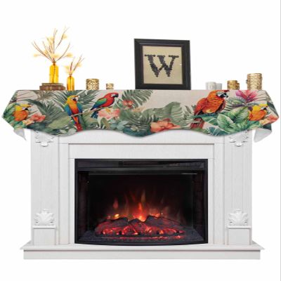 Fireplace Mantel Scarf Top Runner Summer Tropical Palm Tree with Parrot Khaki Texture Mantel Cover Runner Table Runner for Kitchen Window Holiday Home Living Room Decorations 60x17in