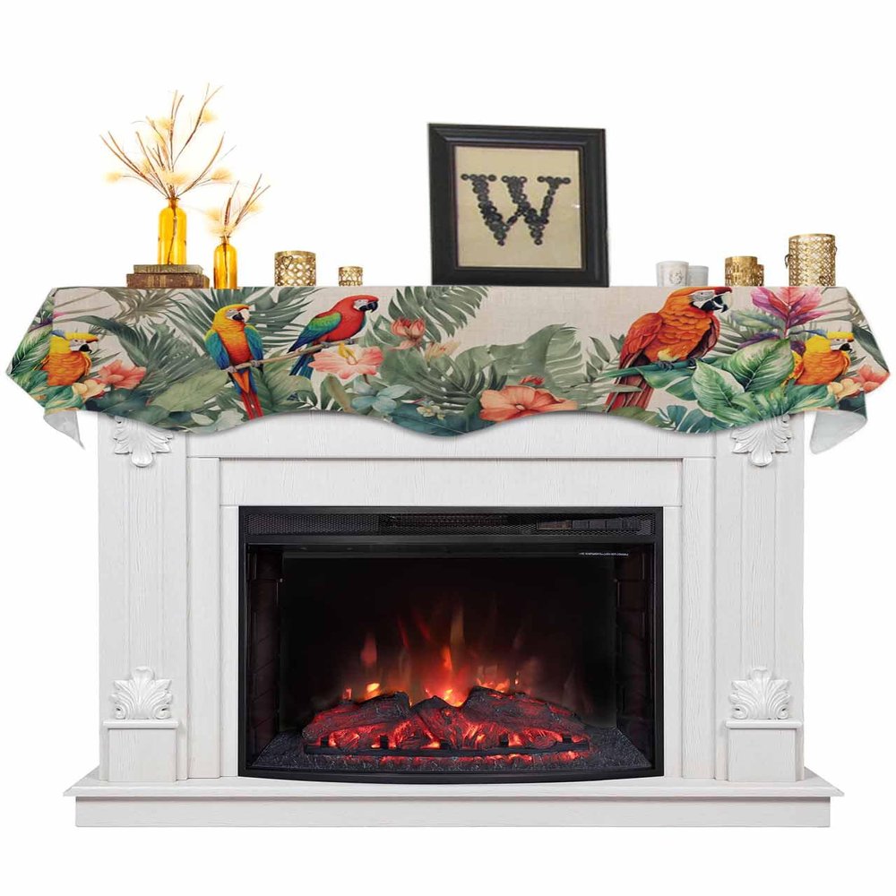 Fireplace Mantel Scarf Top Runner Summer Tropical Palm Tree with Parrot Khaki Texture Mantel Cover Runner Table Runner for Kitchen Window Holiday Home Living Room Decorations 60x17in