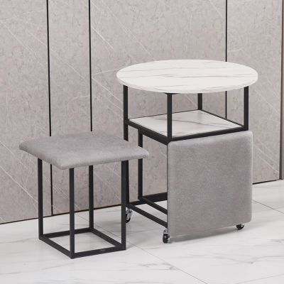 5 in 1 Combination Dining Table with 4 Stool, Space Saving Nesting End Table, Stackable Ottoman Stool Footrest Home Creative Cube Sofa Chair & Table (Color : Light Gray, Size : White Desktop)