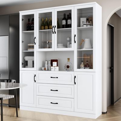 MOUMON Kitchen Hutch Storage Cabinet with Glass Doors, Kitchen Pantry Cabinet with Shelves & 3 Drawers, White (63W x 15.7D x 78.7H), Large