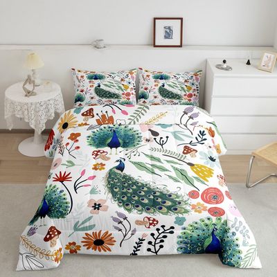 Erosebridal Kawaii Peacock Comforter Set Mushroom Floral Twin Bedding Sets for Boys,Cartoon Animal Quilt Watercolor Flowers Leaves Toddler Duvet Insert for Girls Kids Children,Cute Room Decor