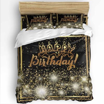 ZOE GARDEN Gold Black Duvet Cover Set Twin Size, Microfiber Soft Comforter Quilt Duvet, Patterned Bed Duvet+Cover with Flat Sheet, Pillowcases, Zipper Closure Bedding, Happy Birthday Boho Dots