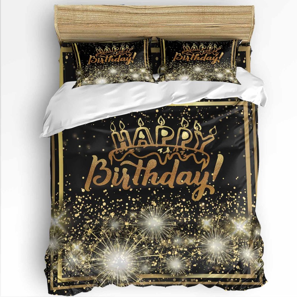 ZOE GARDEN Gold Black Duvet Cover Set Twin Size, Microfiber Soft Comforter Quilt Duvet, Patterned Bed Duvet+Cover with Flat Sheet, Pillowcases, Zipper Closure Bedding, Happy Birthday Boho Dots