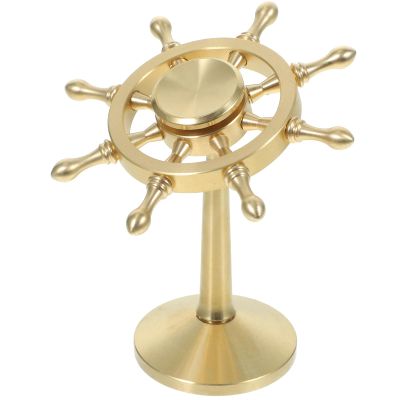 Cabilock Vintage Brass Rotatable Rudder Ornament Mediterranean Nautical Ship Wheel Desk Decor Small Metal Rudder Model for Home and Office 3.43X2.95X2.95 Inches