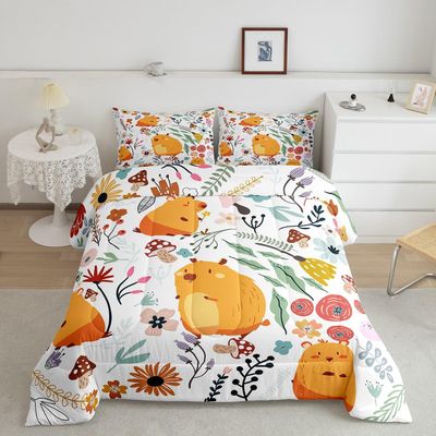 Erosebridal Kawaii Hamster Comforter Set Mushroom Floral Twin Bedding Sets for Boys,Cartoon Animal Quilt Watercolor Flowers Leaves Toddler Duvet Insert for Girls Kids Children,Cute Room Decor