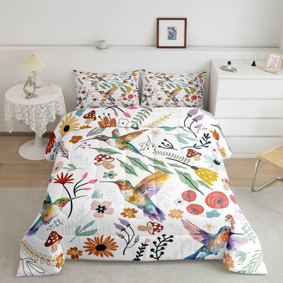 Erosebridal Cute Hummingbird Comforter Set Mushroom Floral Twin Bedding Sets for Boys,Cartoon Animal Quilt Watercolor Flowers Leaves Duvet Insert for Girls Kids Children,Kawaii Room Decor