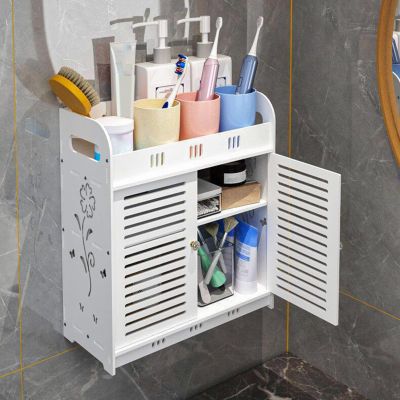 Talent Star Bathroom Wall Cabinet,Self-Adhesive Cabinet, Hollow Flower Pattern Vent Doors Multi-Grid Tiers Self-Adhesive Mounted Cabinet Medicine for Kitchen Dining Bathroom Living Room White