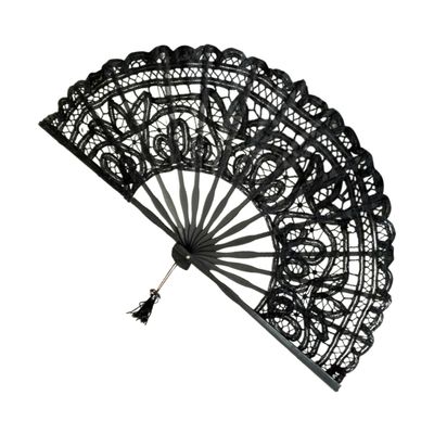 Cabilock Black Lace Cotton Folding Fan, 27cm Frame for Women