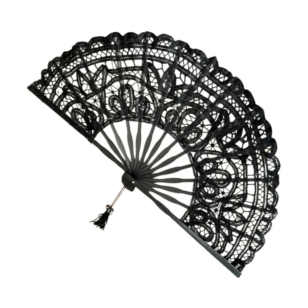 Cabilock Black Lace Cotton Folding Fan, 27cm Frame for Women