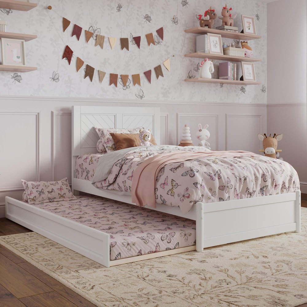 AFI, Clayton Twin Platform Bed with Panel Footboard & Twin Trundle, White