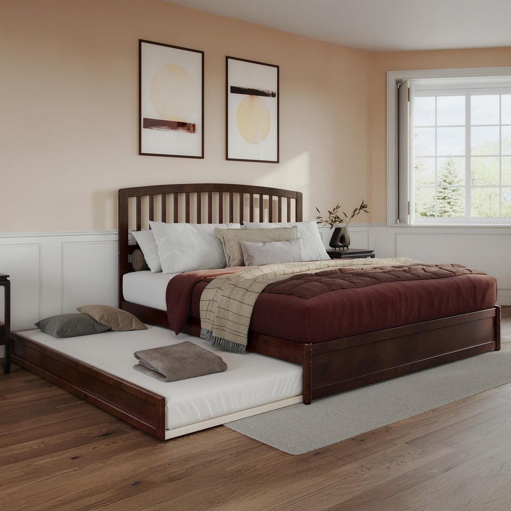AFI, Lucia King Platform Bed with Panel Footboard & Twin XL Trundle, Walnut