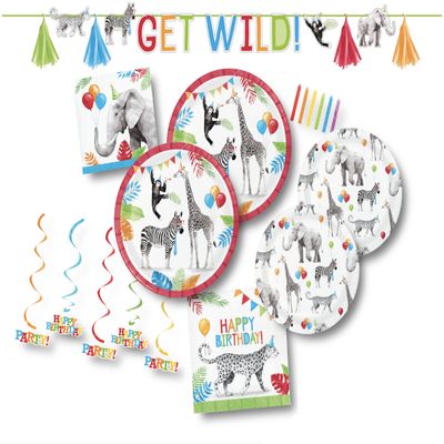 Creative Converting Party Animals Safari Birthday Supplies, Paper Plates and Napkins, Get Wild Banner, Hanging Decorations, Wild One Theme, 16 Guests, Large, Red, SP-CC7PS-PARTYANIMALS
