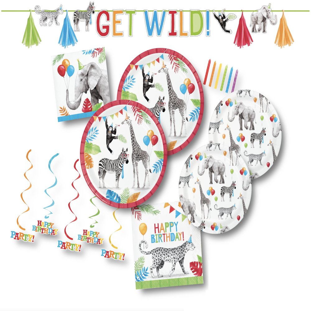 Creative Converting Party Animals Safari Birthday Supplies, Paper Plates and Napkins, Get Wild Banner, Hanging Decorations, Wild One Theme, 16 Guests, Large, Red, SP-CC7PS-PARTYANIMALS