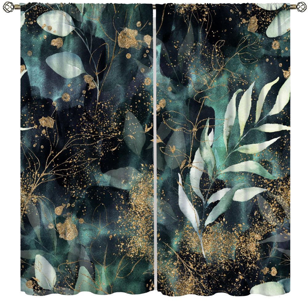 Green Tropical Plant Curtains, Bohe Green Gold Tropical Watercolor Leaves,Home Minimalist Bedroom Living Room Kitchen Window Curtains 42x63in