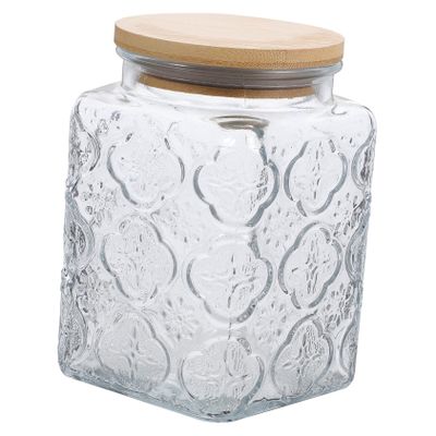 Garneck Embossed Glass Canister Lid Airtight Tea Leaf and Dried Food Organizer Vintage Storage Jar for Kitchen Easy Access and Cleaning Design for Freshness